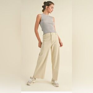 Miou Muse Beige Wide-Leg Raw Hem Jeans